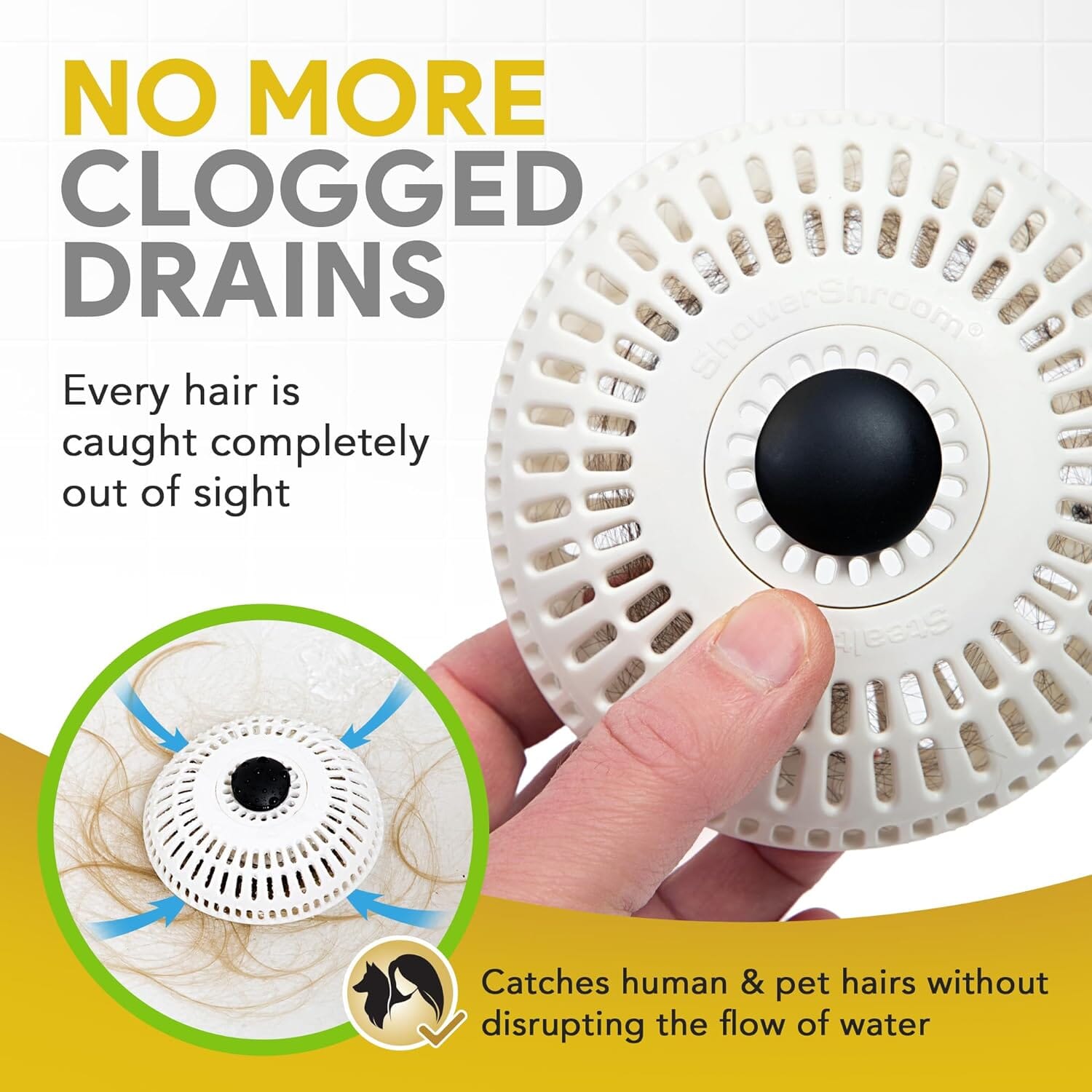 ShowerShroom Stealth Shower Hair Drain Catcher - Hair Stopper for Shower Drain, Bathtub, and Bathroom Sink